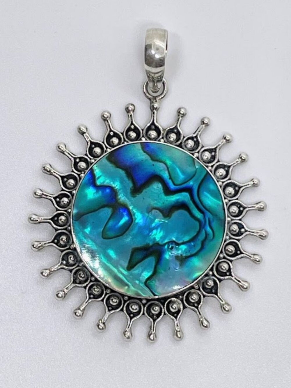 Vintage Blue Green Abalone Sunburst Pendant in Silver LARGE